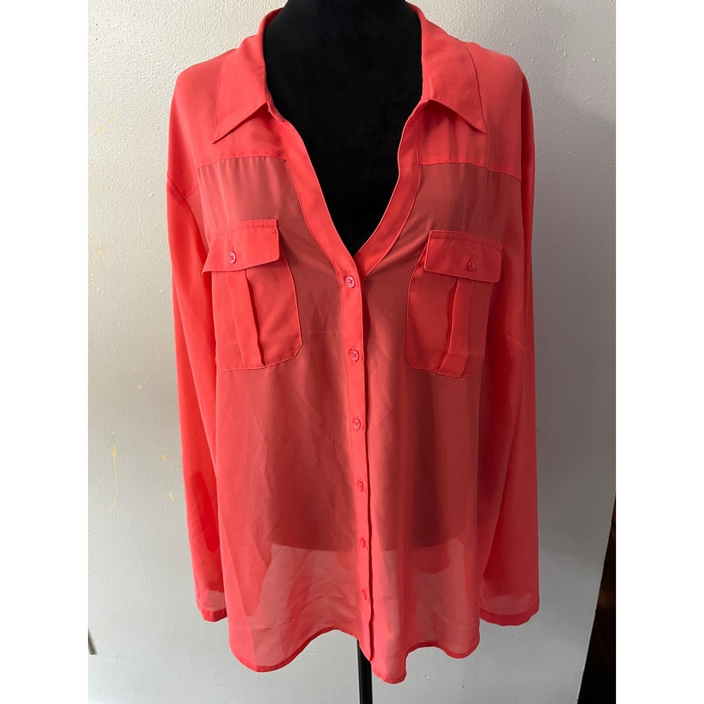 MAURICES Blouse Sheer Button Down Women 3 Coral Pink Workwear Lightweight